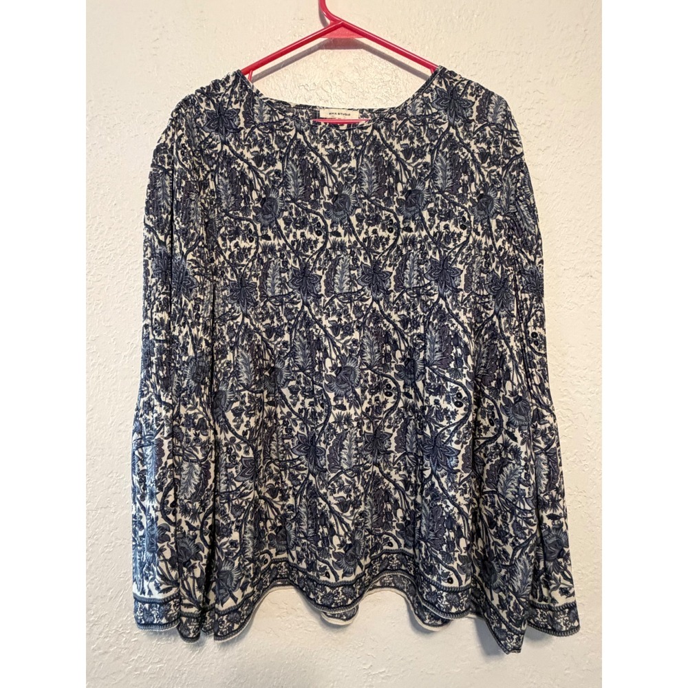 Max Studio Blue White Floral Paisley Pleated Bell Sleeve Blouse 1X 2W08D33